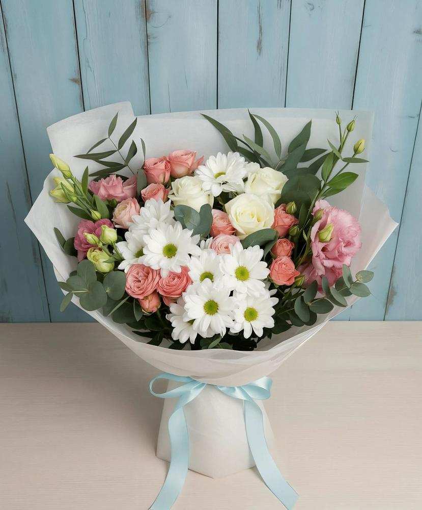 Букет цветов из: Розы, Лизиантусы и Хризантемы в Старом Победилово