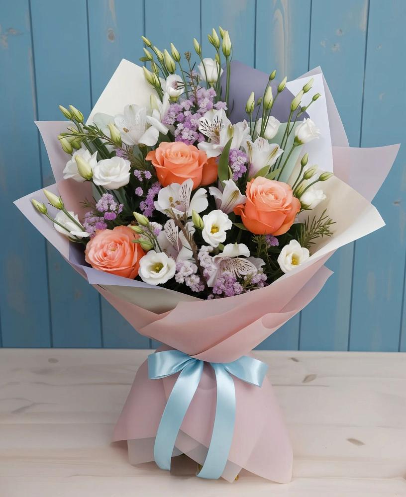 Букет цветов из: Лизиантусы, Розы, Альстромерии и Гипсофила в Старом Победилово