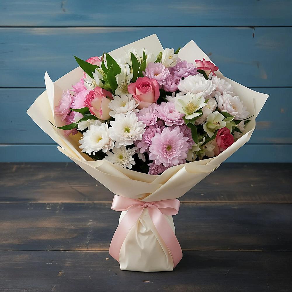 Букет цветов из: Хризантемы, Альстромерии и Розы в Старом Победилово